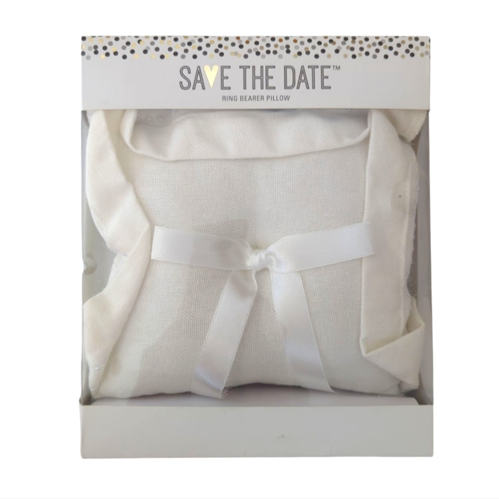 NWT Save the Date Wedding Ring Bearer Pillow Ribbon Bow Off White Ivory